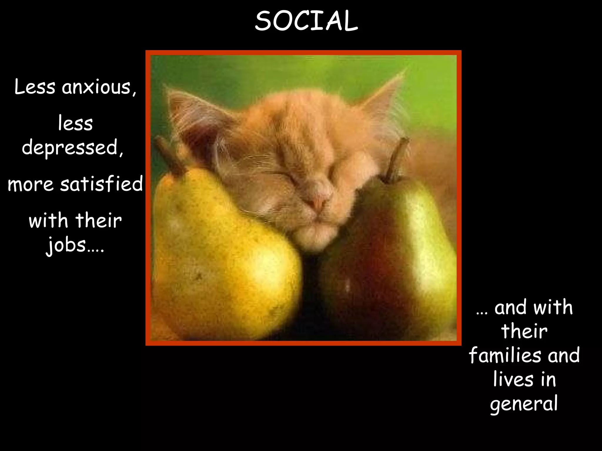 SOCIAL Less anxious, less depressed,  more satisfied with their jobs…. …  and with their families and lives in general 
