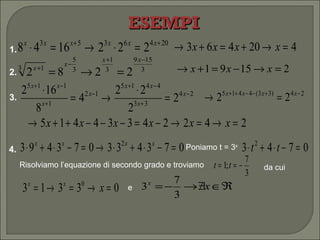 ESEMPI Poniamo t = 3 x Risolviamo l’equazione di secondo grado e troviamo  da cui e 1. 2. 3. 4. 
