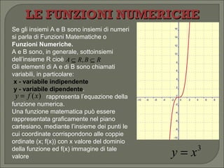 LE FUNZIONI NUMERICHE Se gli insiemi A e B sono insiemi di numeri si parla di Funzioni Matematiche o  Funzioni Numeriche. A e B sono, in generale, sottoinsiemi dell’insieme R cioè  Gli elementi di A e di B sono chiamati variabili, in particolare: x - variabile indipendente   y - variabile dipendente .   rappresenta l’equazione della funzione numerica. Una funzione matematica può essere rappresentata graficamente nel piano cartesiano, mediante l’insieme dei punti le cui coordinate corrispondono alle coppie ordinate (x; f(x)) con x valore del dominio della funzione ed f(x) immagine di tale valore 