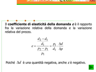 Il coefficiente di elasticità della domanda ε è il rapporto
fra la variazione relativa della domanda e la variazione
relativa del prezzo.
p
d
d
p
p
pp
d
dd






1
1
1
12
1
12

Poiché è una quantità negativa, anche ε è negativo.d
 