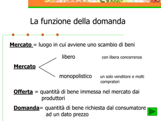La funzione della domanda
Mercato = luogo in cui avviene uno scambio di beni
libero con libera concorrenza
Mercato
monopolistico un solo venditore e molti
compratori
Offerta = quantità di bene immessa nel mercato dai
produttori
Domanda= quantità di bene richiesta dal consumatore
ad un dato prezzo
 