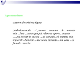 Agrammatismo
stimolo: descrizione figura
produzione orale: …si..persona… mamma….oh….mamma
mia …lava…con acqua poi rubinetto aperto…a terra
…..poi biscotti in cucina ….no armadio, oh mamma mia,
si piccoli…bambini….due salire merenda…ma cade …si
fa male…sorella
 