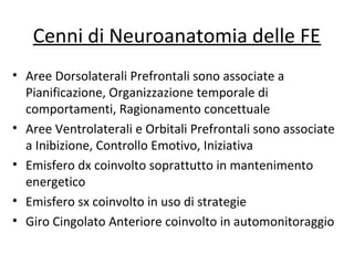 Cenni di Neuroanatomia delle FE
• Aree Dorsolaterali Prefrontali sono associate a
Pianificazione, Organizzazione temporale di
comportamenti, Ragionamento concettuale
• Aree Ventrolaterali e Orbitali Prefrontali sono associate
a Inibizione, Controllo Emotivo, Iniziativa
• Emisfero dx coinvolto soprattutto in mantenimento
energetico
• Emisfero sx coinvolto in uso di strategie
• Giro Cingolato Anteriore coinvolto in automonitoraggio
 