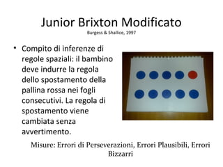 Junior Brixton Modificato
Burgess & Shallice, 1997
• Compito di inferenze di
regole spaziali: il bambino
deve indurre la regola
dello spostamento della
pallina rossa nei fogli
consecutivi. La regola di
spostamento viene
cambiata senza
avvertimento.
Misure: Errori di Perseverazioni, Errori Plausibili, Errori
Bizzarri
 