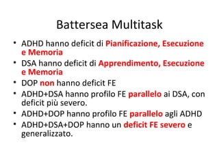 Battersea Multitask
• ADHD hanno deficit di Pianificazione, Esecuzione
e Memoria
• DSA hanno deficit di Apprendimento, Esecuzione
e Memoria
• DOP non hanno deficit FE
• ADHD+DSA hanno profilo FE parallelo ai DSA, con
deficit più severo.
• ADHD+DOP hanno profilo FE parallelo agli ADHD
• ADHD+DSA+DOP hanno un deficit FE severo e
generalizzato.
 