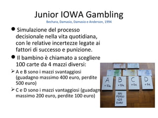 Junior IOWA Gambling
Bechara, Damasio, Damasio e Anderson, 1994
Simulazione del processo
decisionale nella vita quotidiana,
con le relative incertezze legate ai
fattori di successo e punizione.
Il bambino è chiamato a scegliere
100 carte da 4 mazzi diversi:
A e B sono i mazzi svantaggiosi
(guadagno massimo 400 euro, perdite
500 euro)
C e D sono i mazzi vantaggiosi (guadagno
massimo 200 euro, perdite 100 euro)
 
