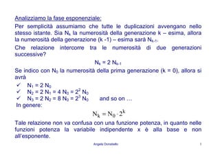 Angela Donatiello 3
Analizziamo la fase esponenziale:
Per semplicità assumiamo che tutte le duplicazioni avvengano nello
stesso istante. Sia Nk la numerosità della generazione k – esima, allora
la numerosità della generazione (k -1) – esima sarà Nk-1.
Che relazione intercorre tra le numerosità di due generazioni
successive?
Nk = 2 Nk-1
Se indico con N0 la numerosità della prima generazione (k = 0), allora si
avrà
N1 = 2 N0
N2 = 2 N1 = 4 N0 = 22
N0
N3 = 2 N2 = 8 N0 = 23
N0 and so on …
In genere:
k
0k 2NN ⋅=
Tale relazione non va confusa con una funzione potenza, in quanto nelle
funzioni potenza la variabile indipendente x è alla base e non
all’esponente.
 