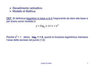 Angela Donatiello 9
Decadimento radioattivo
Modello di Malthus
DEF. Si definisce logaritmo in base a di b l’esponente da dare alla base a
per avere come risultato b.
y
a axxlogy =⇔=
Poiché a0
= 1 allora loga 1 = 0, quindi la funzione logaritmica interseca
l’asse delle ascisse nel punto (1,0)
 