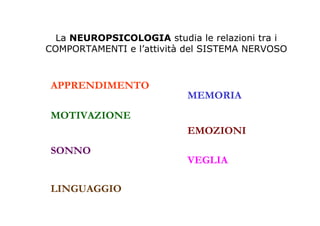 La NEUROPSICOLOGIA studia le relazioni tra i
COMPORTAMENTI e l’attività del SISTEMA NERVOSO
APPRENDIMENTO
MEMORIA
MOTIVAZIONE
EMOZIONI
SONNO
VEGLIA
LINGUAGGIO
 