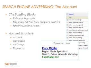 SEARCH ENGINE ADVERTISING: The Account<br />The Building Blocks<br />Relevant Keywords	<br />Engaging Ad Text (aka Copy or...