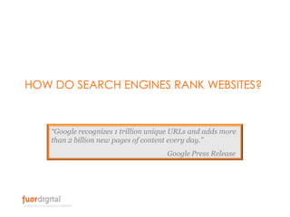 HOW DO SEARCH ENGINES RANK WEBSITES?<br />“Google recognizes 1 trillion unique URLs and adds more than 2 billion new pages...