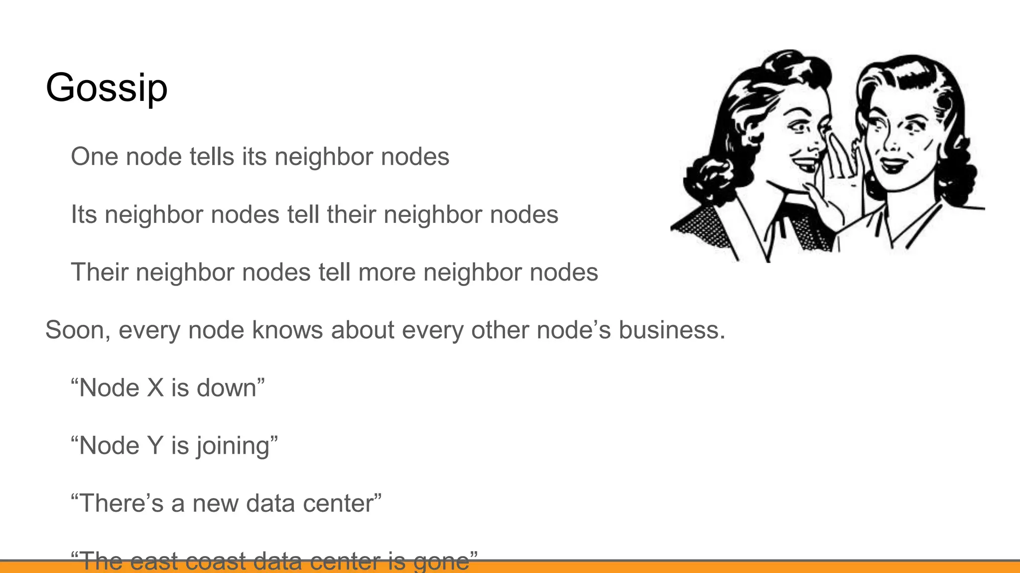 Gossip
One node tells its neighbor nodes
Its neighbor nodes tell their neighbor nodes
Their neighbor nodes tell more neighbor nodes
Soon, every node knows about every other node’s business.
“Node X is down”
“Node Y is joining”
“There’s a new data center”
“The east coast data center is gone”
 