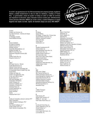 Covidien
Crowley Liner Services, Inc.
Cruz Roja Americana - Servicios de Sangre
CSA Group
CT Radiology Complex
Clinical Medical Services
D
Danosa Caribbean
De Angel & Compañía
Deloitte & Touche LLP
Dentsply Ceramco
Desarrollos Metropolitanos, LLC
Destilería Serrallés, Inc.
DIRECTV Puerto Rico LTD
Distribution Integrated Services (DIS)
Doral
Draftfcb Puerto Rico, Inc.
Droguería Central, Inc.**
E
Eaton**
EBI Patient Care Inc. / Biomet
Ecolab Manufacturing, Inc.
Editorial Primera Hora, Inc.
Edwards Lifesciences Technology Sárl
El Conquistador Resort & Golden Door Spa
El Día Directo
El Mesón de Felipe, Inc.
El Morro Corrugated Box, Corp.
El San Juan Hotel & Casino
Eli Lilly Export S.A.**
EMI Equity Mortgage, Inc.**
Empacadora Hill Brothers
Empire Company, Inc.
Empresas Fonalledas, Inc.*
Empresas La Famosa, Inc.
Empresas Pitusa, Inc.
Encanto Restaurants, Inc.
Ernst & Young LLC
Essilor Industries
Evertec
Enterprise Rent A Car**
F
Familia de Compañías Johnson & Johnson PR**
FedEx Corporation*
Fiddler González & Rodríguez, PSC*
Firstbank
Fluor Daniel Caribbean, Inc.**
Fondos Unidos de PR, Inc.
Falcón Sánchez & Associates, PSC.
G
GE Money
General Motors
GFR Media - El Nuevo Día / Primera Hora
GlaxoSmithKline Puerto Rico, Inc.
Goldman, Antonetti & Córdova
Grey Puerto Rico
Grupo Triple S*
Guardsmark, LLC
H
Hamilton Sundstrand de PR
Harland Clarke, Inc.
Havas Worldwide Puerto Rico, Inc.
Henkel Puerto Rico, Inc.
Hewlett-Packard Caribe B.V.**
Hill Construction Corp.
Hilton Ponce Golf & Casino Resort
Hospital Auxilio Mutuo
Hospital de la Concepción
Hospital Pavia
Hospital San Carlos Borromeo, Inc.
Hubbell Caribe Limited
HUMANA PR
I
IBM*
ICPR Junior College
IMC Financial Services, Inc.
Infotech Aerospace Services, Inc.
Innova Management Solutions, Inc.**
Integra Neurosciences PR, Inc.
Integrand Assurance Company
International Meal Company
International Restaurant Services, Inc.
IPR Pharmaceuticals, Inc.
Islandwide Group
J
J Walter Thompson
jcp puerto rico*
K
Kelly Services, PR
Kevane Grant Thornton LLP
KPMG LLP - San Juan
Kraft Foods (Puerto Rico) LLC*
L
Leo Burnett Puerto Rico, Inc.
Liberty Cablevision of PR, Ltd.
Lilly del Caribe, Inc.**
Lord Electric Co.
Luis A. Ayala Colón Sucrs., Inc.
Luis Garratón, Inc.
En el 2011,las aportaciones de 133,759 inversionistas de la empresa privada,el gobierno
federal y estatal transformaron la vida de miles de individuos y familias en Puerto
Rico. La generosidad y deseo de ayudar se tradujo en sobre un millón de servicios
que impactaron la educación, salud y bienestar social en nuestro país. Definitivamente,
somos personas diferentes UNIDAS por el bien común y cuando trabajamos en equipo
llegamos más rápido a la meta. Aporta. Sé voluntario. Apoya una causa. VIVE UNIDO®.
Durante el cierre de la Campaña 2011 y lanzamiento 2012
se premió el apoyo de las empresas y sus empleados
hacia Fondos Unidos. La Familia de Compañías Johnson
& Johnson PR recibió el reconocimiento al segundo lugar
entre las Top 12 Community Investors 2011.
M
Macy’s Puerto Rico*
Manpower, Inc.
Marsh Saldaña, Inc.
Marshalls PR
Matosantos Commercial**
Mayagüez Resort & Casino
McConnell Valdés LLC
Medical Card System, Inc.**
Medtronic Puerto Rico Operations Company
MENTOR Technical Group
Merck Sharp & Dohme PR
Metropolitan Food Services, Inc.
Microsoft Operations PR, LLC
MMM Holdings, Inc.
Monsanto Caribe, Inc.***
Mueblerías Berríos
N
National Insurance Company
Nestlé Puerto Rico, Inc.
Novartis, Ex-Lax, Inc.*
Nypro Healthcare, Inc.
Nuestra Escuela, Inc.
 