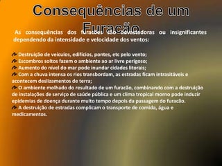 As consequências dos furacões são devastadoras ou insignificantes
dependendo da intensidade e velocidade dos ventos:
Destruição de veículos, edifícios, pontes, etc pelo vento;
Escombros soltos fazem o ambiente ao ar livre perigoso;
Aumento do nível do mar pode inundar cidades litorais;
Com a chuva intensa os rios transbordam, as estradas ficam intrasitáveis e
acontecem deslizamentos de terra;
O ambiente molhado do resultado de um furacão, combinando com a destruição
de instalações de serviço de saúde pública e um clima tropical morno pode induzir
epidemias de doença durante muito tempo depois da passagem do furacão.
A destruição de estradas complicam o transporte de comida, água e
medicamentos.
 