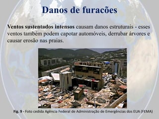 Danos de furacões
Ventos sustentados intensos causam danos estruturais - esses
ventos também podem capotar automóveis, derrubar árvores e
causar erosão nas praias.

Fig. 9 - Foto cedida Agência Federal de Administração de Emergências dos EUA (FEMA)

 