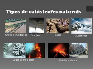 Tipos de catástrofes naturais
Cheias e Inundações furacões secas
Vagas de frio e calor
Avalanches
Vulcões e sismos
 