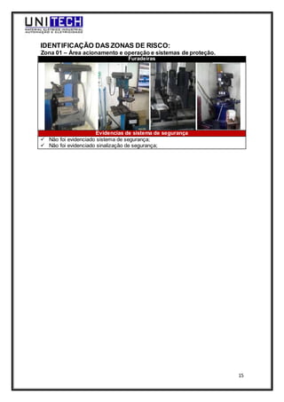 15
IDENTIFICAÇÃO DAS ZONAS DE RISCO:
Zona 01 – Área acionamento e operação e sistemas de proteção.
Furadeiras
Evidencias de sistema de segurança
 Não foi evidenciado sistema de segurança;
 Não foi evidenciado sinalização de segurança;
 