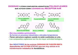 DIOXINASDIOXINASDIOXINASDIOXINAS y otros compuestos aromy otros compuestos aromy otros compuestos aromy otros compuestos aromááááticosticosticosticos POLINUCLEARESPOLINUCLEARESPOLINUCLEARESPOLINUCLEARES
que actque actque actque actúúúúan comoan comoan comoan como ligandosligandosligandosligandos deldeldeldel RECEPTORRECEPTORRECEPTORRECEPTOR AhRAhRAhRAhR
- Son muy estables químicamente
- Se forman en procesos industriales a elevadas temperaturas
- Tienen estructura coplanar cuando no están sustituidos en orto.
- Los compuestos coplanares son los de mayor actividad biológica.
TetraCl-DIBENZO-
DIOXINA
PentaCl-BIFENILO TetraCl-DIBENZO
FURANO
Metil-COLANTRENO ΒΒΒΒ-Nafto-FLAVONABenzo αααα-PIRENO
Son INDUCTORES de las enzimas OXIDASAS DE FUNCIÓN MIXTA
dependientes del Cit P450 (CYP1A1) que son muy activas en la
transformación metabólica de Xenobióticos.
 