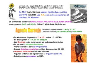 Herbicidas organoclorados: 2,4-D y 2,3,5-T
Contaminados con poli-Cl-DIOXINAS y FURANOS
En 1970’ E.E.U.U. usa A.N. como deforestador en el
conflicto de Vietnam.
- En Vietnam se dispersaron 72 x 106 L sobre 1.5 x 106 Ha
- Se destruyeron el 14 % de los bosques
- Las Dioxinas están inmersas en las cadenas alimentarias
- Es necesario recuperar las tierras
- Atención médica para 70 000 personas
- Graves defectos congénitos en hijos de expuestos (50 000)
- Leucemia linfocitaria crónica en militares
- Algunos síntomas se repitieron en la 1º guerra del Golfo
- Estudios muy censurados en USA.
En Vietnam se utilizaron PURPLE, GREEN, PINK, WHITE BLUE, SUPER-ORANGE
Todas contenían 2,4-D y/o 2,4,5-T y DIQUAT, MONURON, DIURON, etc
En 1947 los británicos usaron herbicidas en Africa
 