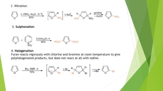 2. Nitration
3. Sulphonation
4. Halogenation
Furan reacts vigorously with chlorine and bromine at room temperature to give
polyhalogenated products, but does not react at all with iodine.
 