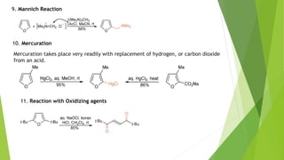 9. Mannich Reaction
10. Mercuration
Mercuration takes place very readily with replacement of hydrogen, or carbon dioxide
from an acid.
11. Reaction with Oxidizing agents
 