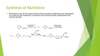 Synthesis of Ranitidine
 Ranitidine is one of the most commercially successful medicines ever developed;
it is used for the treatment of stomach ulcers and has been synthesized from
furfuryl alcohol.
 