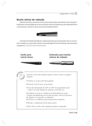 SENAI-RJ 55
Ajustagem Básica – Furação
Antes de se usar uma furadeira manual, é preciso tomar os seguintes
cuidados:
• Verificar se os fios estão desencapados.
• Conectar o fio de terra, se necessário.
• Com uma alimentação de 110V ou 220V, usar equipamento para
isolar-se do chão (sapatos de segurança, pranchas etc).
• Certificar-se de que os condutores de alimentação não sejam
cortados nem danificados por veículos passantes. Para isso devem-se:
a) Pendurar ou suspender os condutores.
b) Colocar os condutores entre pranchas para protegê-los.
• Enrolar o comprimento do fio desnecessário.
• Não colocar os fios sobre superfícies quentes ou aguçadas.
Bucha cônica de redução
Quando uma broca tiver haste cônica morse cujo número seja inferior ao do eixo porta-
ferramenta, há necessidade de se usar uma bucha cônica de redução que seja retificada interna
e externamente, a fim de se obter uma concentricidade perfeita.
As buchas de redução identificam-se pela numeração que corresponde a elas, ao cone ex-
terior (macho) e ao cone interior (fêmea), formando jogos de cones de redução cuja numeração
completa é: 2-1, 3-2, 4-2, 4-3, 5-3, 5-4, 6-4, 6-5.
Cunha para
extrair broca
Extensões para buchas
cônicas de redução
 