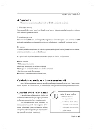 SENAI-RJ 59
Ajustagem Básica – Furação
A furadeira
O insucesso na operação de furar pode ser devido a uma série de razões.
1. O mandril (árvore)
Se o mandril não estiver bem centralizado ou se houver folga demasiada, isso pode ocasionar
uma flexão ou quebra da broca.
2. O número de RPM
Se o número de RPM não for apropriado, os gumes se tornarão cegos, e se o número de RPM
estiver demasiadamente baixo, pode-se provocar facilmente a quebra de pequenas brocas.
3. Avanço
Não exerça pressão demasiada na alavanca quando furar, pois se o avanço for acima do normal,
as arestas cortantes podem ser danificadas.
4. Quando for necessário, lubrifique o metal que vai ser furado, visto que isso:
• Reduz o atrito.
• Melhora o acabamento.
• Evita que se quebrem as arestas cortantes.
• Evita que os cavacos se soltem nas arestas cortantes.
• Facilita a evacuação dos cavacos.
• Possibilita aumentar a velocidade de corte.
Cuidados ao se fixar a broca no mandril
Antes de furar, assegure-se de que a posição da broca no mandril esteja certa e bem centra-
lizada. No caso de hastes cônicas, os cones devem estar perfeitamente limpos e sem rebarbas.
Antes de furar, confira:
• O diâmetro da broca,
com um paquímetro.
• As condições de afiação da broca.
• A velocidade de corte adequada.
• A centragem da broca no mandril.
• A fixação da peça.
Cuidados ao se fixar a peça
Apeçadevesercuidadosamentefixada,caso
contráriohaveráumavariaçãodaposiçãodoeixo
dofuroaserexecutado(furograndedemais).
No caso de existirem furos passantes, di-
minua a pressão quando estiver a ponto de ter-
minar o furo, caso contrário os sulcos helicoi-
daisprovocarãoumapenetraçãorápidadabro-
ca, podendo ocasionar sua quebra.
 