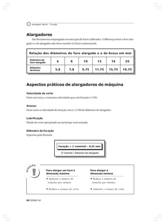 60 SENAI-RJ
Ajustagem Básica – Furação
Alargadores
São ferramentas empregadas na execução de furos calibrados. A diferença entre o furo alar-
gado e o do alargador não deve exceder 0,25mm (sobremetal).
Diâmetro do
furo alargado
Diâmetro
da broca
6
5,8
8
7,8
10
9,75
12
11,75
16
15,75
20
19,75
Relação dos diâmetros do furo alargado e o da broca em mm
Aspectos práticos de alargadores de máquina
Velocidade de corte
Entre um terço, e a mesma velocidade que a de furação (1/3N).
Avanço
Duas vezes a velocidade de furação, isto é, 2/100 do diâmetro do alargador.
Lubrificação
Fluido de corte apropriado ao metal que será usinado.
Diâmetro de furação
Expresso pela fórmula
Para alargar um furo à
dimensão máxima
• Aumente o número de
rotações por minuto.
• Reduza o avanço de corte.
Para alargar à
dimensão mínima
• Reduza o número de
rotações por minuto.
• Aumente o avanço de corte.
٠ nominal = Diâmetro do alargador
Furação = ٠ nominal – 0,25 mm
 