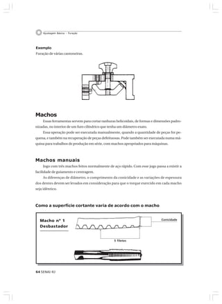 64 SENAI-RJ
Ajustagem Básica – Furação
5 filetes
ConicidadeMacho nº 1
Desbastador
Exemplo
Furação de várias cantoneiras.
Machos
Essas ferramentas servem para cortar ranhuras helicoidais, de formas e dimensões padro-
nizadas, no interior de um furo cilíndrico que tenha um diâmetro exato.
Essa operação pode ser executada manualmente, quando a quantidade de peças for pe-
quena, e também na recuperação de peças defeituosas. Pode também ser executada numa má-
quina para trabalhos de produção em série, com machos apropriados para máquinas.
Machos manuais
Jogo com três machos feitos normalmente de aço rápido. Com esse jogo passa a existir a
facilidade de guiamento e centragem.
As diferenças de diâmetro, o comprimento da conicidade e as variações de espessura
dos dentes devem ser levados em consideração para que o torque exercido em cada macho
seja idêntico.
Como a superfície cortante varia de acordo com o macho
 