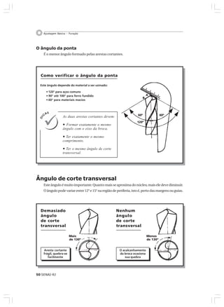 50 SENAI-RJ
Ajustagem Básica – Furação
O ângulo da ponta
É o menor ângulo formado pelas arestas cortantes.
Ângulo de corte transversal
Esteânguloémuitoimportante.Quantomaisseaproximadonúcleo,maiseledevediminuir.
Oângulopode variar entre 12°e15°na região deperiferia,isto é,perto das margens ouguias.
As duas arestas cortantes devem:
• Formar exatamente o mesmo
ângulo com o eixo da broca.
• Ter exatamente o mesmo
comprimento.
• Ter o mesmo ângulo de corte
transversal.
60º 60º
120º
A
B C
Mais
de 130º
Demasiado
ângulo
de corte
transversal
Nenhum
ângulo
de corte
transversal
Aresta cortante
frágil, quebra-se
facilmente
O acalcanhamento
da broca ocasiona
sua quebra
Menos
de 130º
Este ângulo depende do material a ser usinado:
• 120° para aços comuns
• 90° até 100° para ferro fundido
• 60° para materiais macios
Como verificar o ângulo da ponta
 
