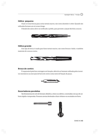SENAI-RJ 53
Ajustagem Básica – Furação
Hélice pequena
Usam-se estas brocas para cortar metais macios, tais como alumínio e cobre. Quando são
utilizadas formam um só cavaco longo.
O fundo dos sulcos deve ser retificado e polido, para permitir a ejeção fácil dos cavacos.
Hélice grande
Este tipo de broca é usado para furar metais macios, tais como bronze e latão, e também
materiais de cavacos curtos.
Broca de centro
É responsável pela boa centragem em furação, além de ser bastante utilizada pelos tornei-
ros mecânicos na execução de furos de centro como meio de fixação de peças.
Escariadores paralelos
Sãoferramentasdecortedeformatocilíndrico,cônicoouesférico, construídascomaçodecar-
bonorápidoetemperadas.Possuemarestasdestinadasafazerrebaixosouescariadosemfuros.
 