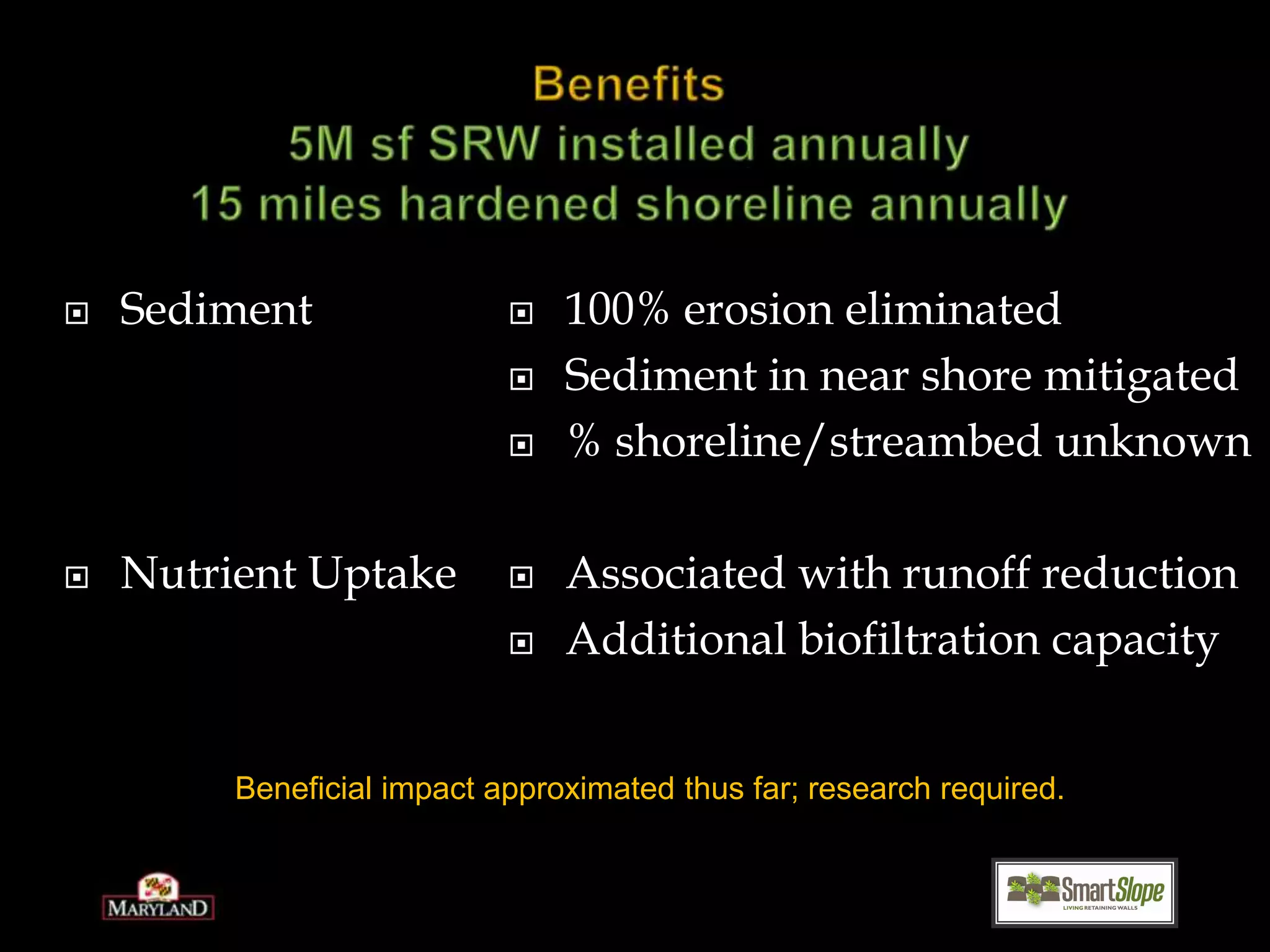 Benefits5M sf SRW installed annually15 miles hardened shoreline annuallySedimentNutrient Uptake100% erosion eliminatedSediment in near shore mitigated% shoreline/streambed unknownAssociated with runoff reductionAdditional biofiltration capacityBeneficial impact approximated thus far; research required.