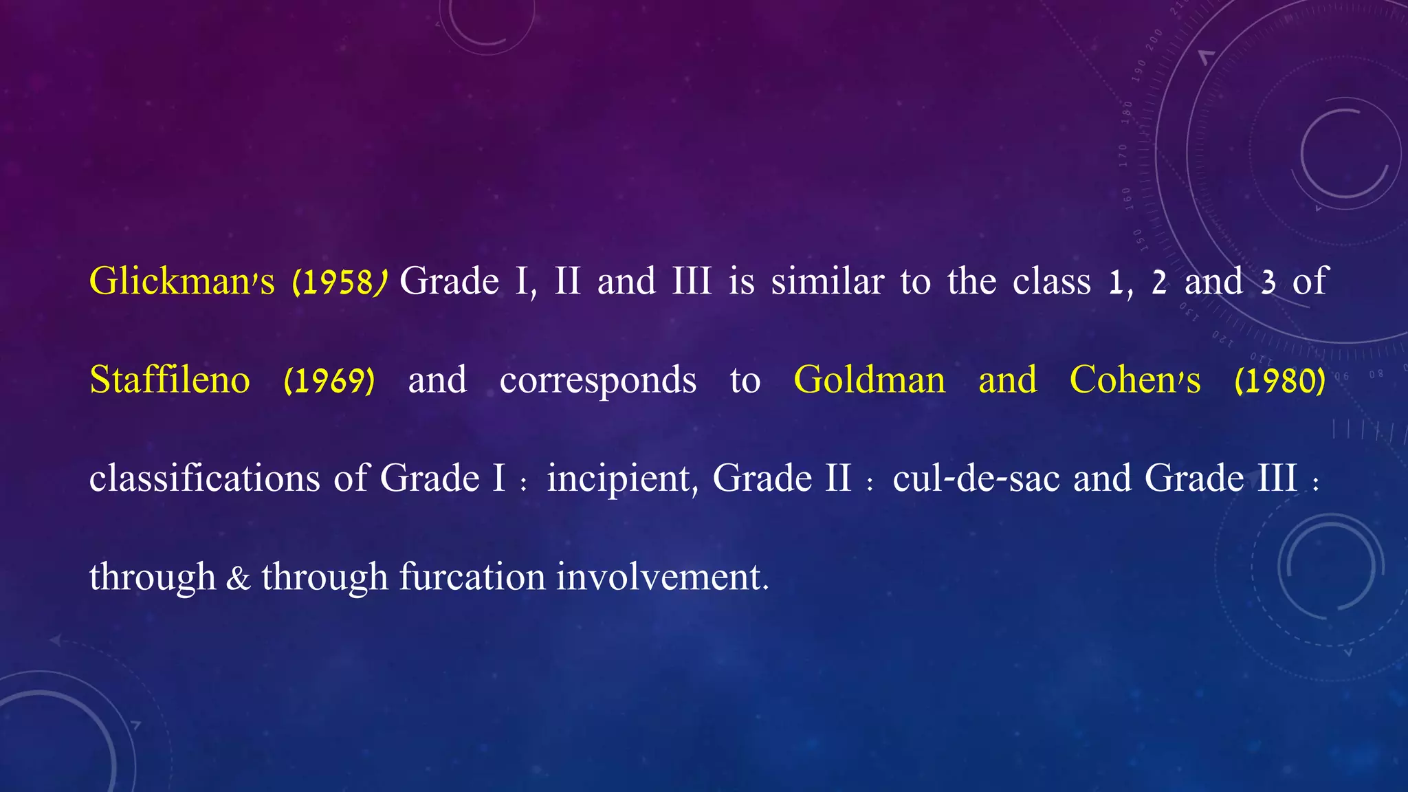 Glickman's (1958) Grade I, II and III is similar to the class 1, 2 and 3 of
Staffileno (1969) and corresponds to Goldman and Cohen's (1980)
classifications of Grade I : incipient, Grade II : cul-de-sac and Grade III :
through & through furcation involvement.
 