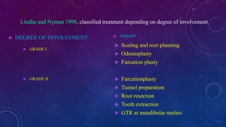  DEGREE OF INVOLVEMENT
 GRADE I
 GRADE II
 THERAPY
 Scaling and root planning
 Odontoplasty
 Furcation plasty
 Furcationplasty
 Tunnel preparation
 Root resection
 Tooth extraction
 GTR at mandibular molars
Lindhe and Nyman 1998, classified treatment depending on degree of involvement
 