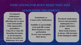 INDICATIONS FOR ROOT RESECTION AND
SEPARATION TREATMENT:
Periodontal
Indications :
Severe bone loss
affecting one or more
roots untreatable
with regenerative
procedures.
Class II or Class III
furcation invasions
or involvements.
Severe recession or
dehiscence of a root.
Endodontic or
Conservative Indications
:
Inability to successfully
treat and fill a canal
Root fracture or root
perforation
Severe root resorption
Root decay
Prosthetic Indications
Severe root proximity
inadequate for a
proper embrasure
space.
Root trunk fracture
or decay with invasion
of the biological width.
 