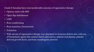 Grade II furcation have most predictable outcome of regenerative therapy
• Options starts with SRP
• Open flap debridement
• LDD
• Root conditioning
• Root resection, Hemisection
• Extraction
• With advent of regenerative therapy was attempted in furaction defects also with use
of biomimetic agents like enamel matrix derivatives, platelet-rich plasma, platelet-
derived growth factor, and bone morphogenic proteins
 