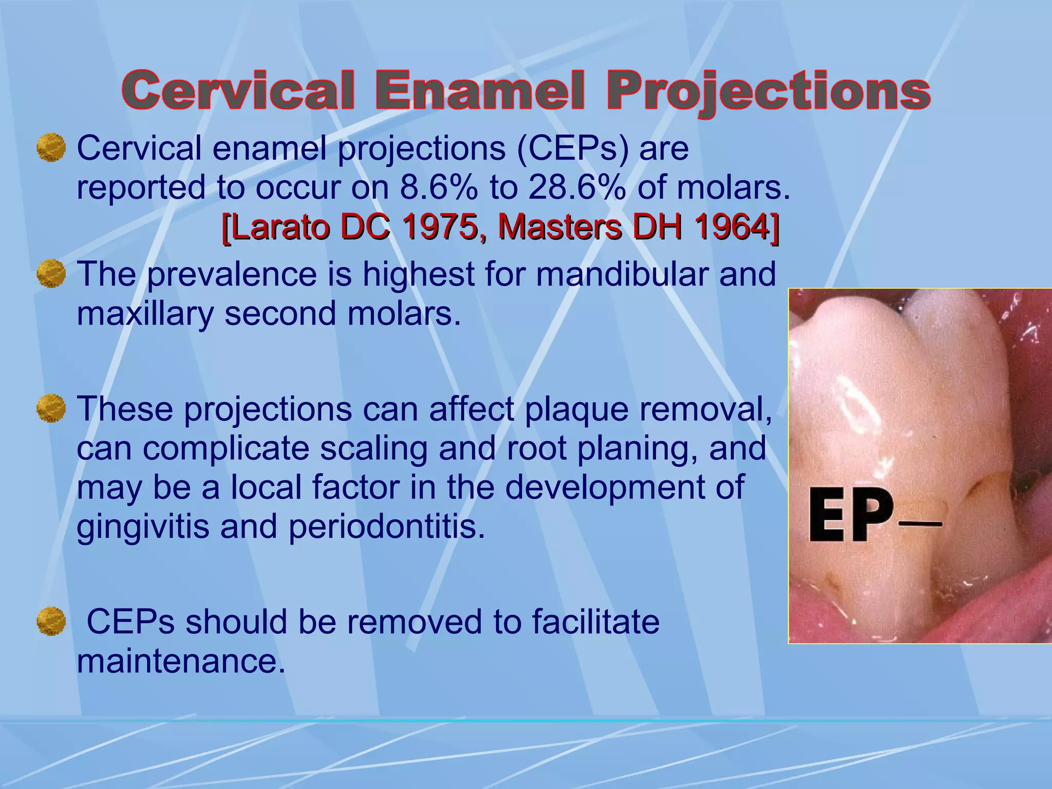 Cervical enamel projections (CEPs) are
reported to occur on 8.6% to 28.6% of molars.
[Larato DC 1975, Masters DH 1964][Larato DC 1975, Masters DH 1964]
The prevalence is highest for mandibular and
maxillary second molars.
These projections can affect plaque removal,
can complicate scaling and root planing, and
may be a local factor in the development of
gingivitis and periodontitis.
CEPs should be removed to facilitate
maintenance.
 
