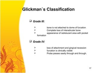 Glickman`s Classification
 Grade III:
 bone is not attached to dome of furcation
 Complete loss of interadicular bone
 appearance of radiolucent area with pocket
formation
 Grade IV:
 loss of attachment and gingival recession
 furcation is clinically visible
 Probe passes easily through and through.
17
 