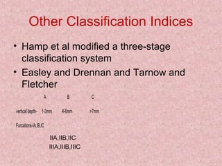 Other Classification Indices
• Hamp et al modified a three-stage
classification system
• Easley and Drennan and Tarnow and
Fletcher
A B C
vertical depth- 1-3mm 4-6mm >7mm
Furcations-IA,IB,IC
IIA,IIB,IIC
IIIA,IIIB,IIIC
 