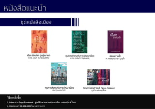 28
เมือง ย้อนคิด มุ่งสู่อนาคต
ศ.ดร. เอนก เหล่าธรรมทัศน์
ทุนทางสังคมกับการพัฒนาเมือง
พิชญ์ พงษ์สวัสดิ์
เมืองขวางน้า
ศ. กิตติคุณ เดชา บุญค้า
ชุดหนังสือเมือง
วิธีการสั่งซื้อ
1. Inbox ทาง Page Facebook : ศูนย์ศึกษามหานครและเมือง ตลอด 24 ชั่วโมง
2. ติดต่อเบอร์ 02-938-8826 ในเวลาราชการ
ทุนทางสังคมกับการพัฒนาเมือง
ศ.ดร. อานันท์ กาญจนพันธุ์
สัมผัส เมืองสายบุรี (Waso Telubae)
ยุวดี คาดการณ์ไกล
 