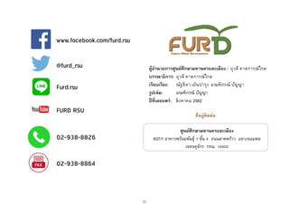 31
ผู้อำนวยกำรศูนย์ศึกษำมหำนครและเมือง : ยุวดี คาดการณ์ไกล
บรรณำธิกำร: ยุวดี คาดการณ์ไกล
เรียบเรียง: ณัฐธิดา เย็นบารุง มณฑิภรณ์ ปัญญา
รูปเล่ม: มณฑิภรณ์ ปัญญา
ปีที่เผยแพร่: สิงหาคม 2562
ที่อยู่ติดต่อ
ศูนย์ศึกษำมหำนครและเมือง
637/1 อาคารพร้อมพันธุ์ 1 ชั้น 4 ถนนลาดพร้าว แขวงจอมพล
เขตจตุจักร กทม. 10900
www.facebook.com/furd.rsu
@furd_rsu
FURD RSU
02-938-8826
02-938-8864
Furd.rsu
 