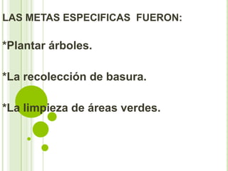 LAS METAS ESPECIFICAS FUERON:

*Plantar árboles.

*La recolección de basura.

*La limpieza de áreas verdes.
 