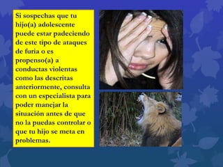 Si sospechas que tu
hijo(a) adolescente
puede estar padeciendo
de este tipo de ataques
de furia o es
propenso(a) a
conductas violentas
como las descritas
anteriormente, consulta
con un especialista para
poder manejar la
situación antes de que
no la puedas controlar o
que tu hijo se meta en
problemas.
 