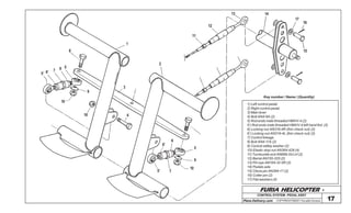 FURIA HELICOPTER -
Plans Delivery.com COPYRIGHT©2001 Osvaldo Durana 17
8
5676’5’
10
9
10
3
4
1
2
11
12
13 14
17
16
15
6’
6
5
9
10
75’
1) Left control pedal
2) Right control pedal
3) Main lever
4) Bolt AN4-6A (2)
5) Rod ends male threaded HMVV-4 (2)
5’) Rod ends male threaded HMVV-4 left hand thd. (2)
6) Locking nut AN316-4R (thin check nut) (2)
6’) Locking nut AN316-4L (thin check nut) (2)
7) Control linkage
8) Bolt AN4-11A (2)
9) Conical safety washer (2)
10) Elastic stop nut AN364-428 (4)
11) Turnbuckle end AN669-S4 LH (2)
12) Barrel AN155-32S (2)
13) Pin eye AN165-32 SR (2)
14) Pedals axle
15) Clevis pin AN394-17 (2)
16) Cotter pin (2)
17) Flat washers (4)
CONTROL SYSTEM - PEDAL ASSY
OSVALDODURANA
Key number / Name / (Quantity)
 