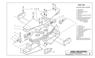 FURIA HELICOPTER -
Plans Delivery.com COPYRIGHT©2001 Osvaldo Durana 4
MAIN ROTORHEADASSEMBLY
1
2
3
4
5
6
7
8
5 9 10 11
12
3
2
13
14
15
17 18 19 20
18
13
11
10
9
5
6
7
16
12
3
1 - Pivot head (2)
2 -Blade grip (4)
3 -Reinforcement strap (4)
4 - Bolt AN3 (2)
5 -Claw (4)
6 -Shell type bearing BK1514RS (2)
7 - Axle A (2)
8 - Elastic stop nut AN 364-1032 (2)
9 - Shell type bearing BK1522 (2)
10 - Thrust bea. AXW15 - (2)
washers AS1528 (2)
LS1528 (2)
11 - Axle B (2)
12 - Axle housing (2)
13 - Axle grip (2)
14 - Elastic stop nut AN 365-524 (4)
15 - Blade control horn (2)
16 - Center plates (3)
17 - Bolt AN3 (8)
18 - Bolt AN4 (8)
19 - Bolt AN3 (2)
20 - Bolt AN5 (4)
Not shown:
Elastic stop nuts AN 365-428 (8)
Elastic stop nuts AN 365-1032 (8)
PART LIST -
Key number / Name / (Quantity)
OSVALDO
DURANA
 