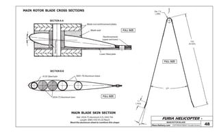 FURIA HELICOPTER -
Plans Delivery.com COPYRIGHT©2001 Osvaldo Durana
SECTION A-A
6º
Blade root reinforcement plates
Blade seat
Reinforcements
(upper and inner)
Lower Steel plate
Steelbushing
SECTION B-B
4130 Steel tube
2024-T3 Aluminum bars
6061-T6 Aluminum tubes
MAIN ROTOR BLADE
48
FULL SIZE
FULL SIZE
FULL SIZE
MAIN ROTOR BLADE CROSS SECTIONS Dia 7,5
(.295)
153
(6.024)
27º
11
(.433)
8º
MAIN BLADE SKIN SECTION
Mat: 2024-T3 Aluminum 0,5 (.020) Thk
Lenght: 2680 (105.51) (2) Req’d
Bend the aluminum sheet to comform this shape
 