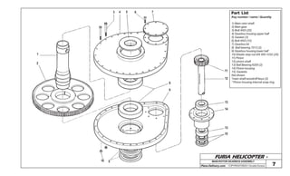 FURIA HELICOPTER -
Plans Delivery.com COPYRIGHT©2001 Osvaldo Durana 7
1
2
3 4 5 6 7
8
9
10 5
11
12
13
14
13
15
1) Main rotor shaft
2) Main gear
3) Bolt AN3 (25)
4) Gearbox housing upper half
5) Gasket (3)
6) Bolt AN3 (10)
7) Gearbox lid
8) Ball bearing 7013 (2)
9) Gearbox housing lower half
10) Elastic stop nut AN 365-1032 (25)
11) Pinion
12) pInion shaft
13) Ball Bearing 6205 (2)
14) Pinion housing
15) Gaskets
Not shown:
*main shaft woodroff keys (3)
* Pinion housing internal snap ring.
Part List
Key number / name / Quantity
MAIN ROTORGEARBOXASSEMBLY
OSVALDODURANA
 