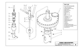 FURIA HELICOPTER -
Plans Delivery.com COPYRIGHT©2001 Osvaldo Durana 8
12
13
14
15
16
17
18
19
20
21
22
8 5 6 7 6 5
10
11
12
1
2
3
4
1) Main rotor gearbox
2) Gearbox attachment ring
3) Bolt AN4 (6)
4) Main rotor mast
5) Bushing (2)
6) Bushing A ( 2)
7) Ball
8) Main rotor axle
9) Pin
10) Control sliding axle
11) Bushing
12) Push-Pull axle
13) Race-nut
14) Ball bearing housing
15) Bearing 600 Z (1)
16) Nut A
17) Nut B
18) Ball race
19) Central uniball housing
20 ) Elastic stop nut AN364-1032 (1)
21) Central Push-Pull tube
22) Bolt AN3 (1)
Part List
Key number/name/quantity
MAIN GEARBOX/CONTROL SYS. ASSY.
OSVALDODURANA
 