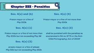 Sec. 4(a) and (b)
Prision mayor or a fine of
Php 200k
Chapter III - Penalties
Sec. 4(a) (5)
Prision mayor or a fine of not more than
Php 500k
Sec. 4(c) (1)
Prision mayor or a fine of not more than
Php 200k but not exceeding Php 1M
Sec. 4(c) (2)
shall be punished with the penalties as
enumerated in RA no. 9775 or the Änti-
Child Pornographyy Act of 2009"
Sec. 4(c) (3)
arresto mayor or a fine of atleast
Php 50k but not exceeding Php 250k
 